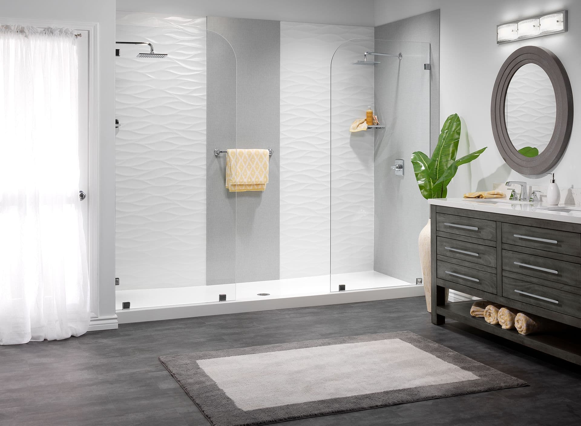 Large two showerhead shower and sink with dark wooden finish