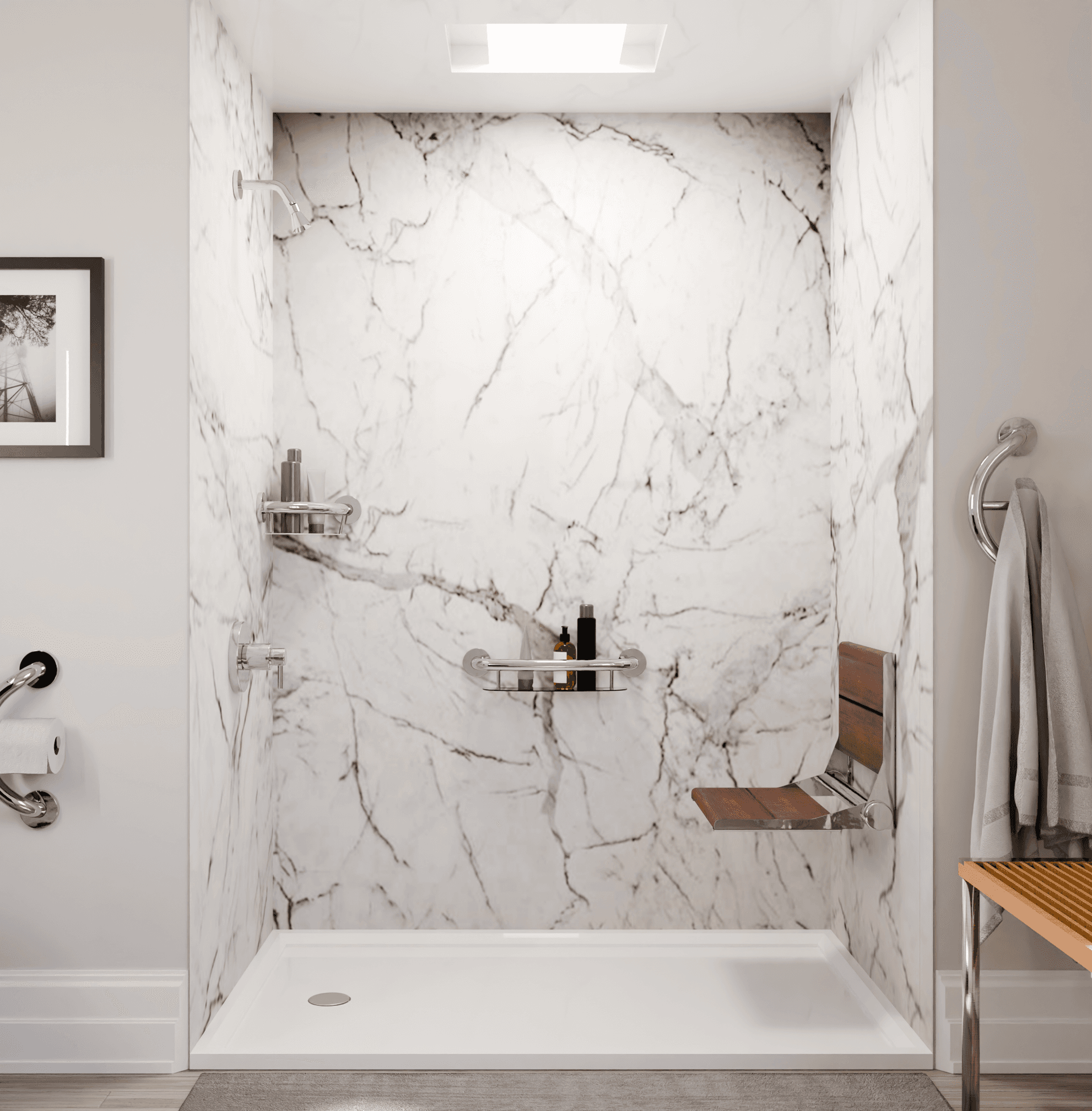 Beautiful patterned wall in shower with accessible bench
