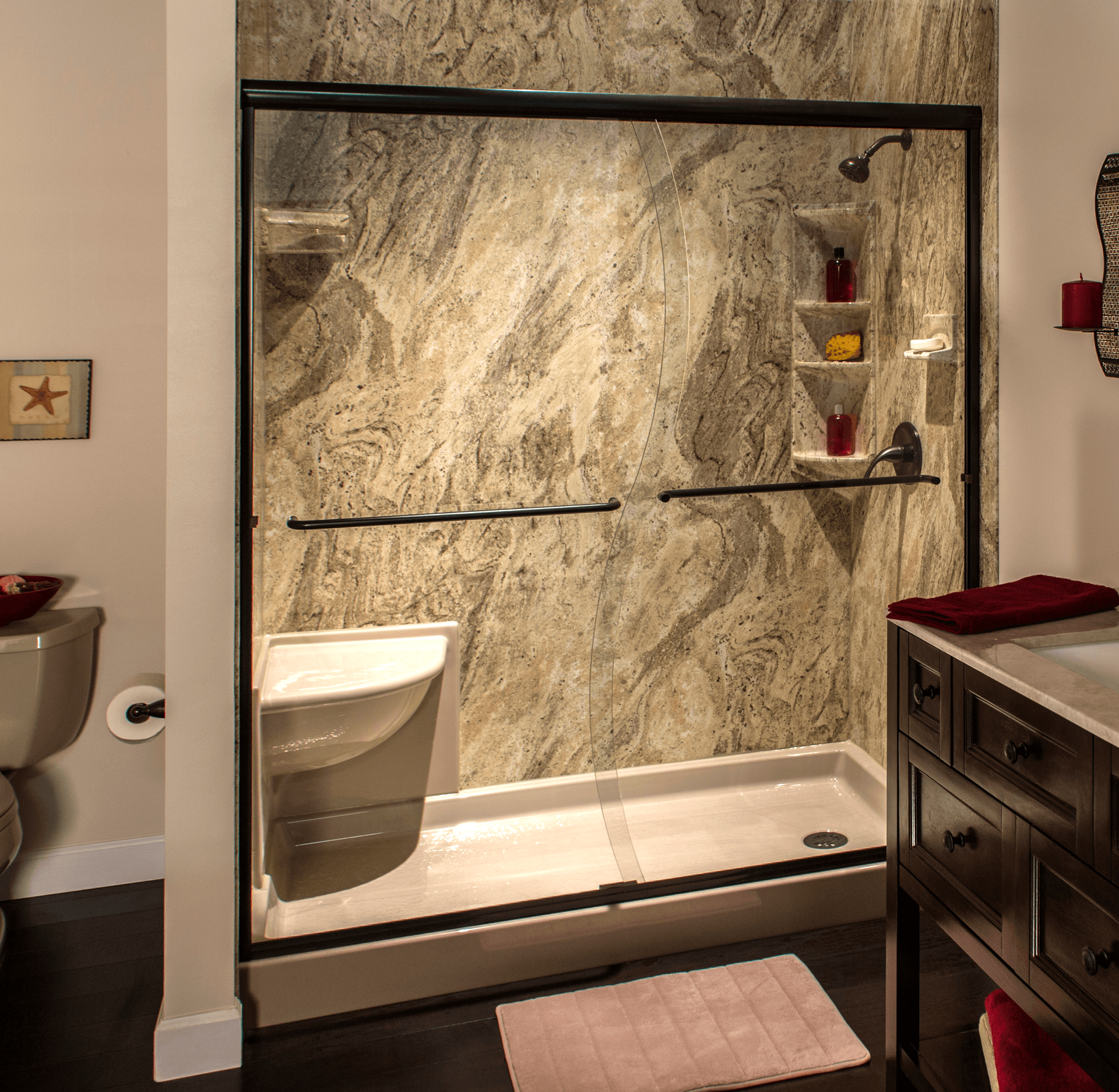 Smooth almond base shower and seat