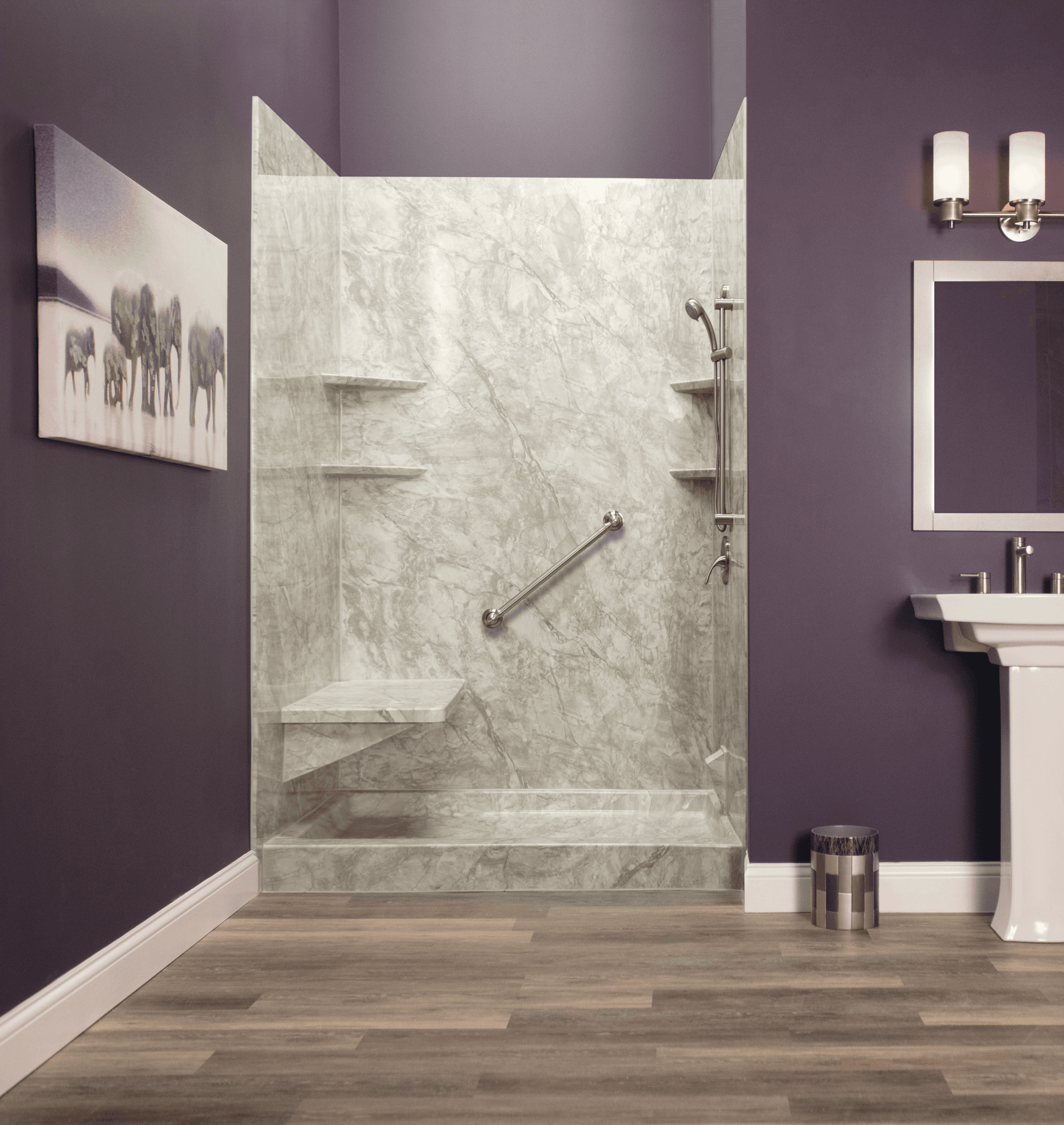 purple walled shower with high sink